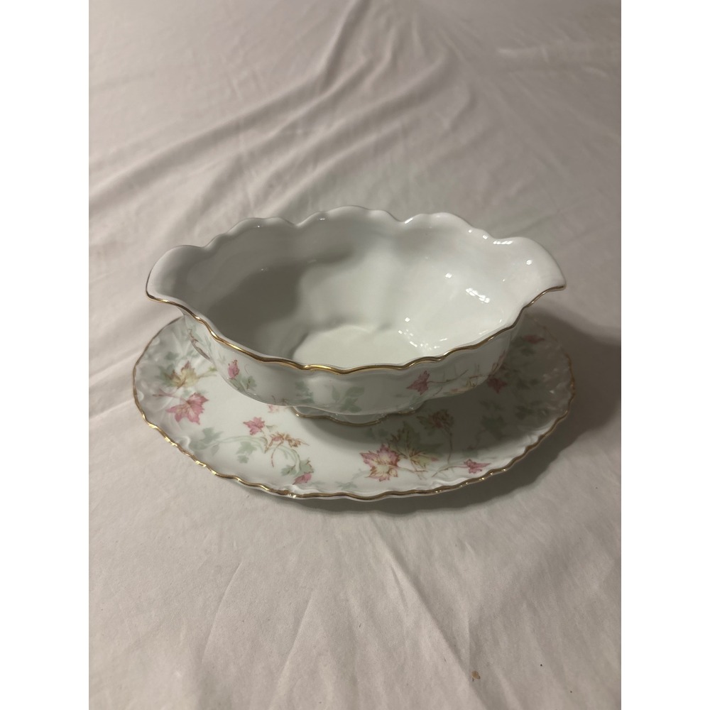 Hutschenreuther Selb Bavaria Floral Gravy Boat Attached Plate Gold Trim